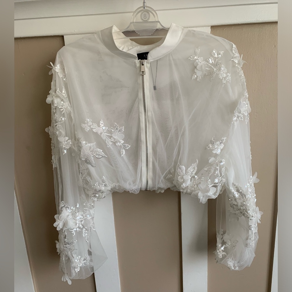 AKIRA White Floral Appliqué Sheer Bomber Jacket